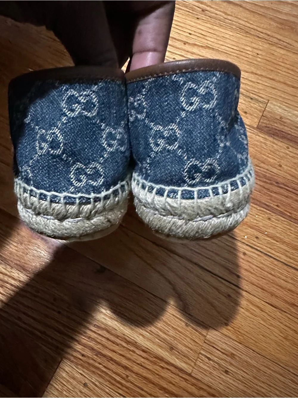 Gucci Blue Denim Monogram Espadrille Loafers with Brown Trim